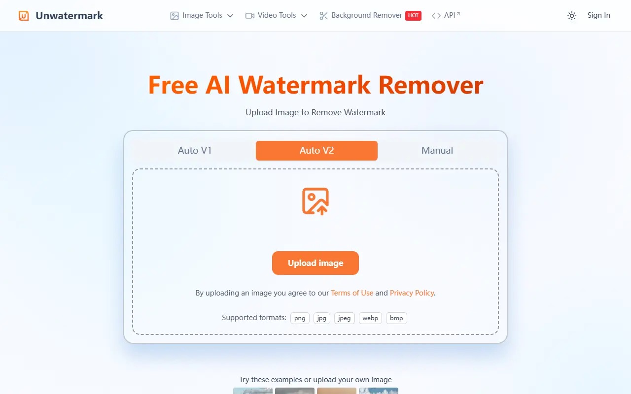 Интерфейс Unwatermark AI с автоматическим и ручным режимами