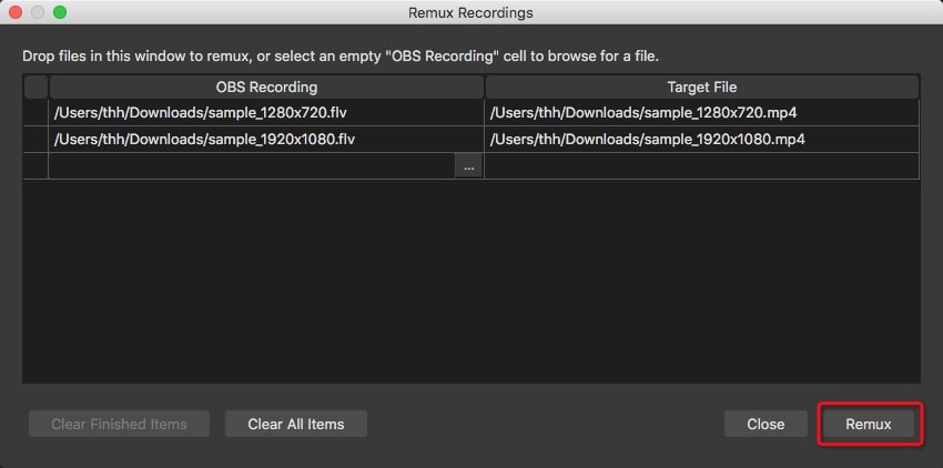 Окно OBS Studio Remux Recordings с выбранным FLV файлом