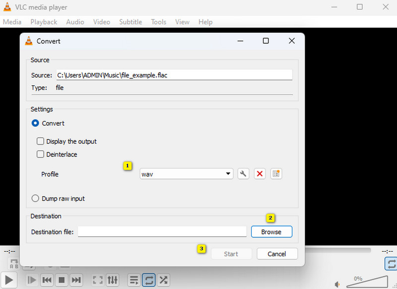Окно Convert в VLC с исходным FLAC, профилем WAV и полем назначения