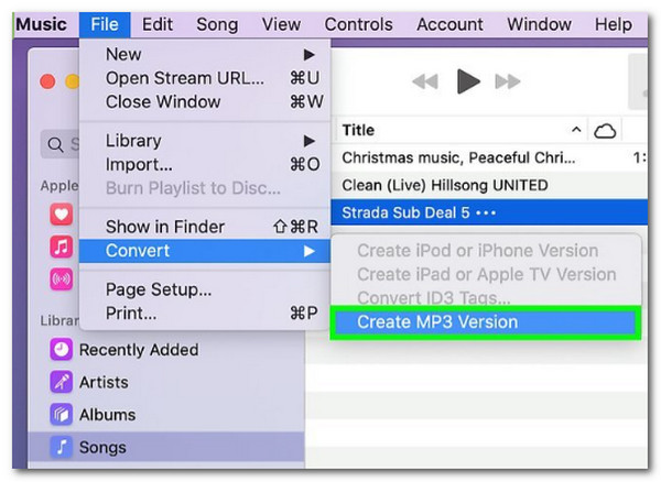 Меню File Convert в Apple Music с командой Create MP3 Version