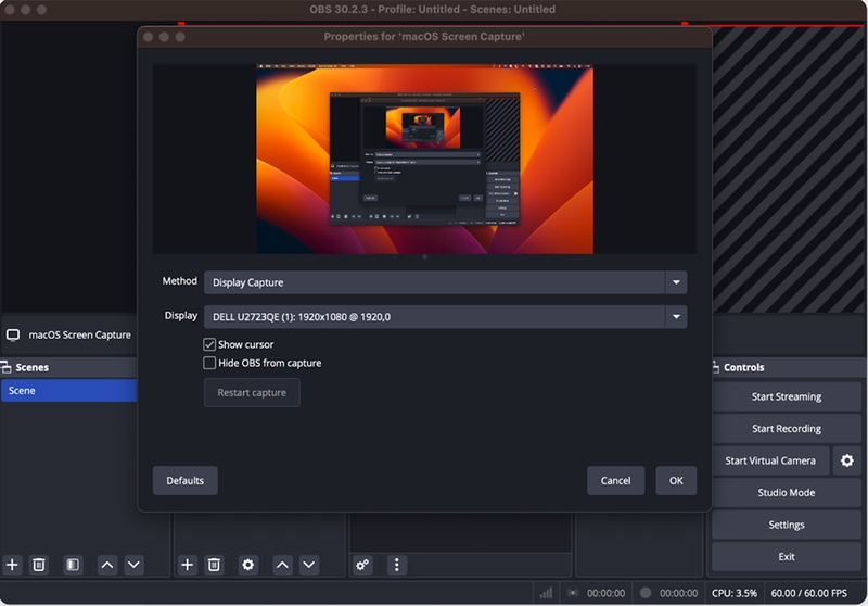 Свойства macOS Screen Capture в OBS Studio