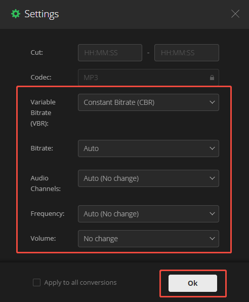 Расширенные настройки MP3 в Convertio с CBR битрейтом каналами и частотой