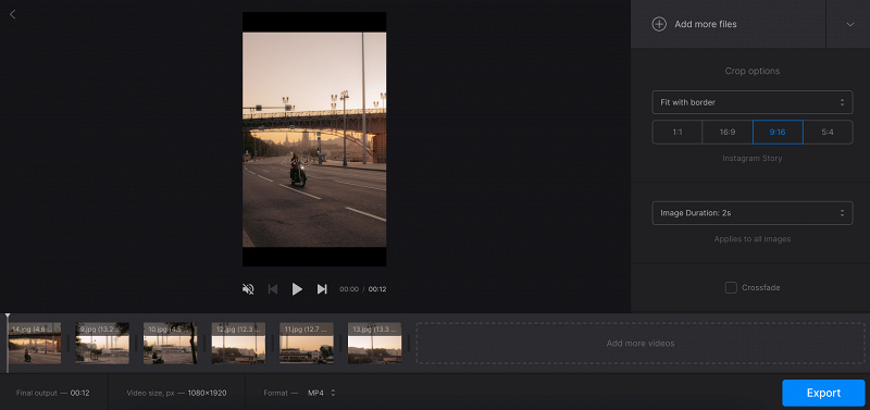 Редактор Clideo Slideshow Maker с предпросмотром, последовательностью изображений и панелью настроек