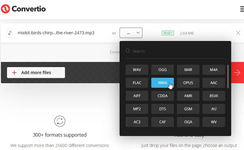 Интерфейс Convertio с загруженным MP3 и меню выбора выходного аудиоформата