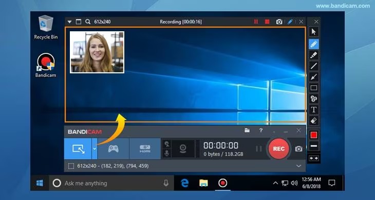 Интерфейс Bandicam с выбором режима записи и параметрами видео