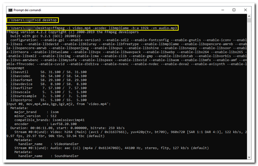 Терминал с выполнением команды FFmpeg и созданием файла MOV