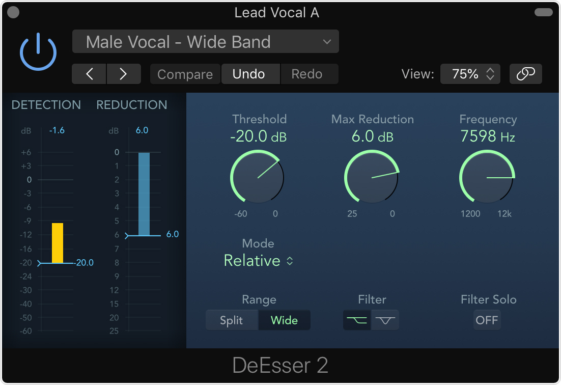 DeEsser 2 в Logic Pro с Frequency, Threshold, Max Reduction, Relative, Split и Wide