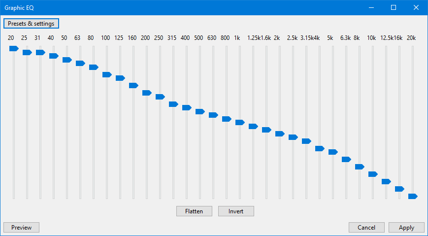 Окно Graphic EQ в Audacity с третьоктавными полосами от 20 Гц до 20 кГц