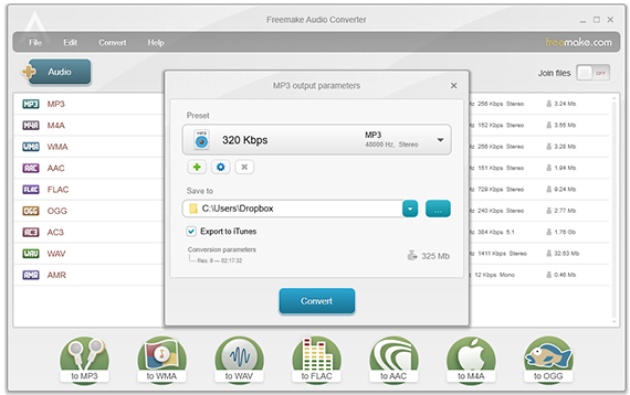 Окно MP3-профиля Freemake Audio Converter с параметрами выходного файла