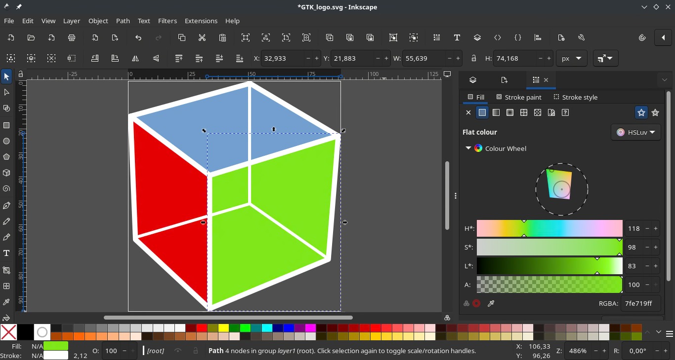 Рабочее окно Inkscape с векторным объектом и панелями заливки и обводки