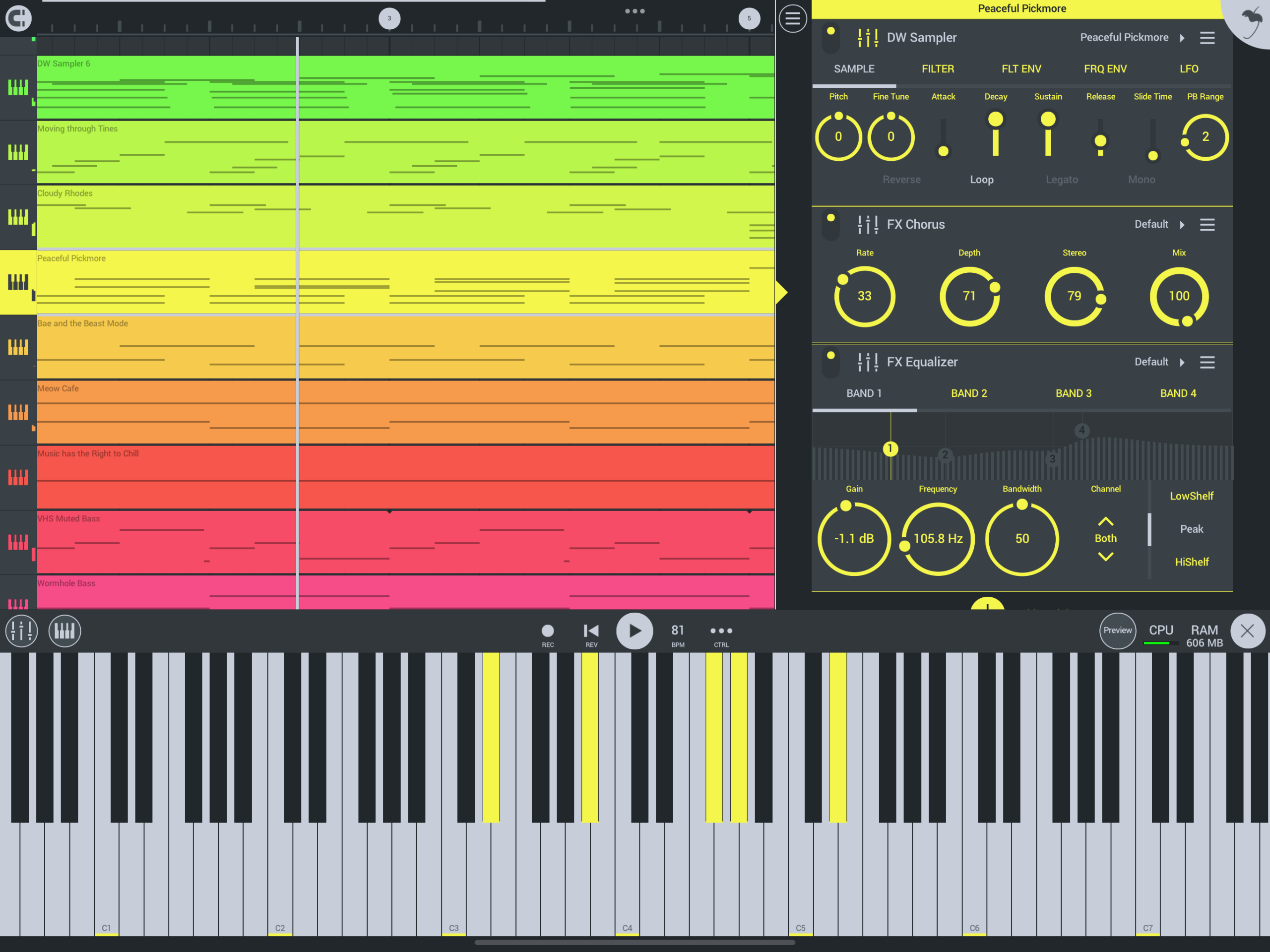 FL Studio Mobile на iPad с дорожками, инструментами и секвенсором