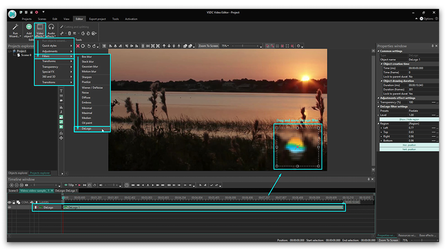 Фильтр DeLogo в VSDC Free Video Editor