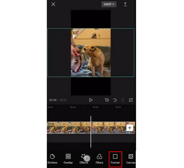 Мобильный интерфейс CapCut с инструментом Format и вертикальным полотном
