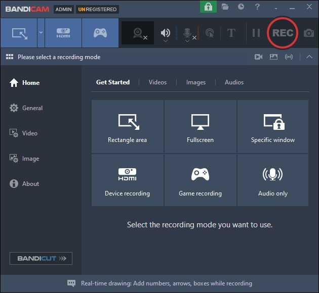 Главное окно Bandicam с режимами Rectangle area, Fullscreen и Specific window