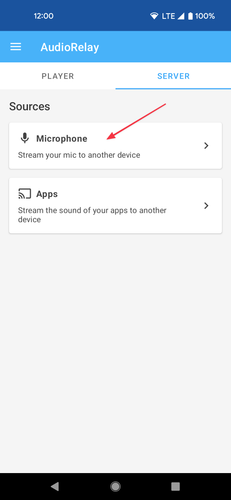 AudioRelay на Android вкладка Server с выбором источника Microphone