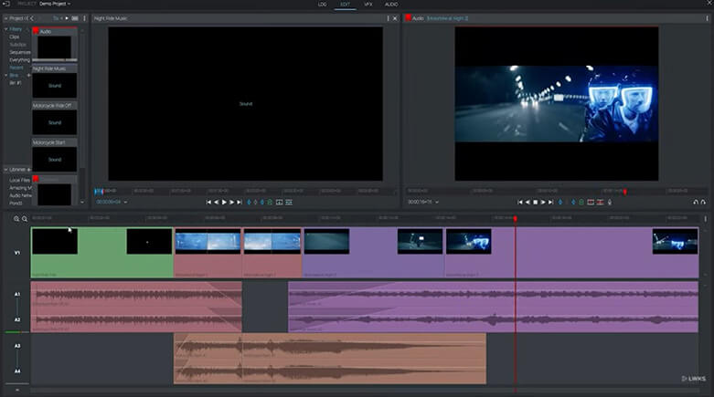 Рабочая область Lightworks с двумя мониторами и многодорожечным таймлайном