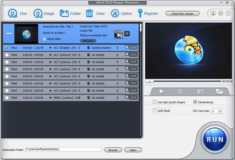 Интерфейс WinX DVD Ripper Platinum со списком DVD titles и кнопкой RUN