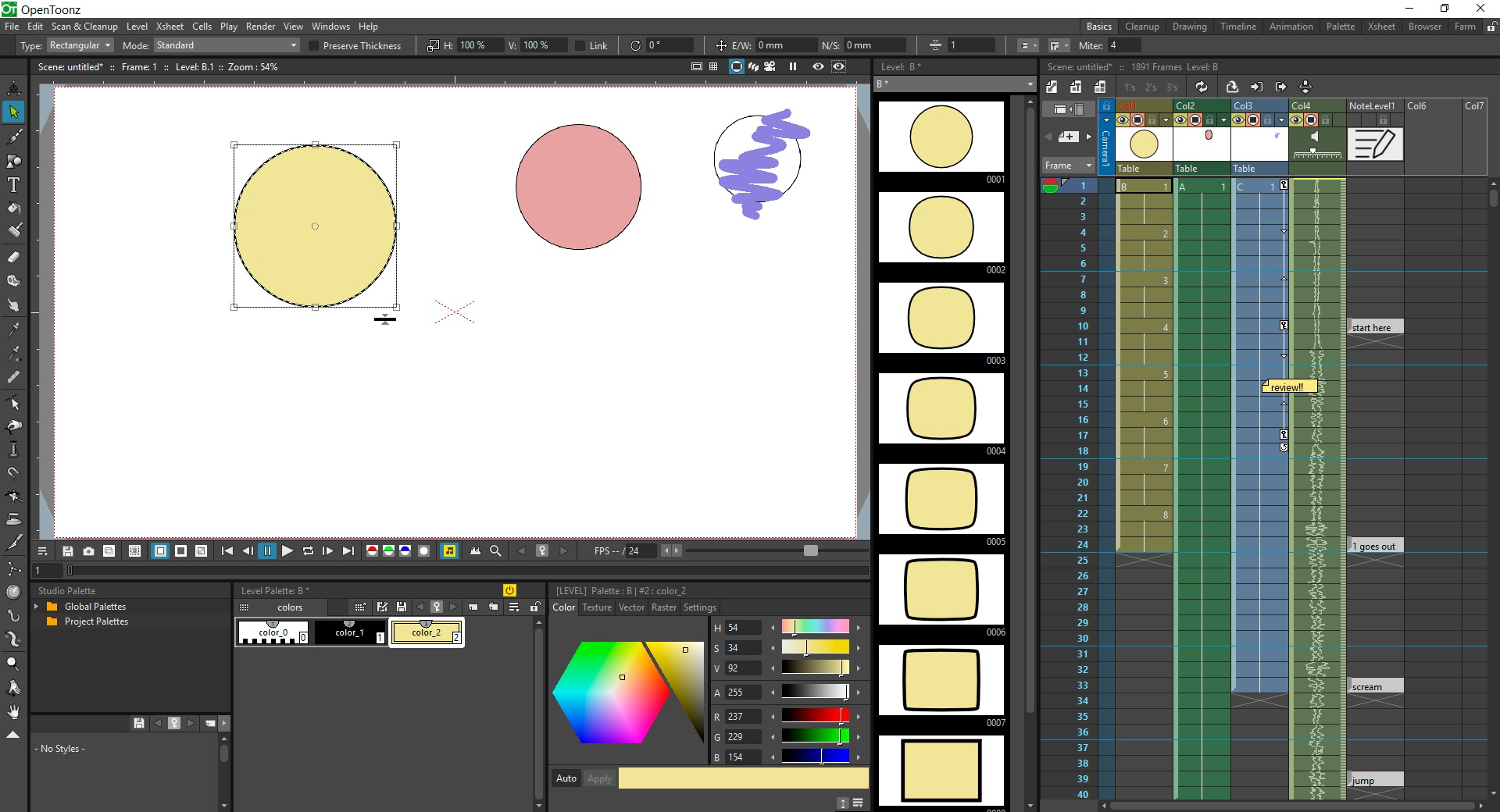 Интерфейс OpenToonz с Viewer, Xsheet, слоями и палитрой