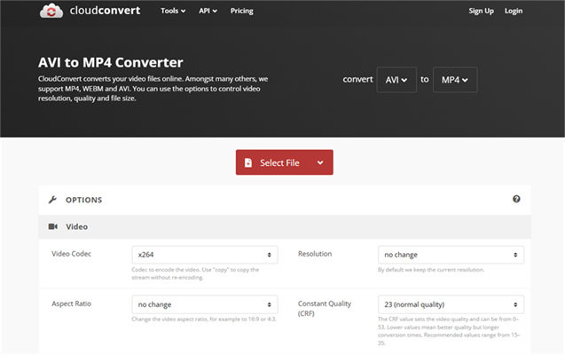 Интерфейс CloudConvert AVI to MP4 с кнопкой Select File и настройками видеокодека, разрешения и качества