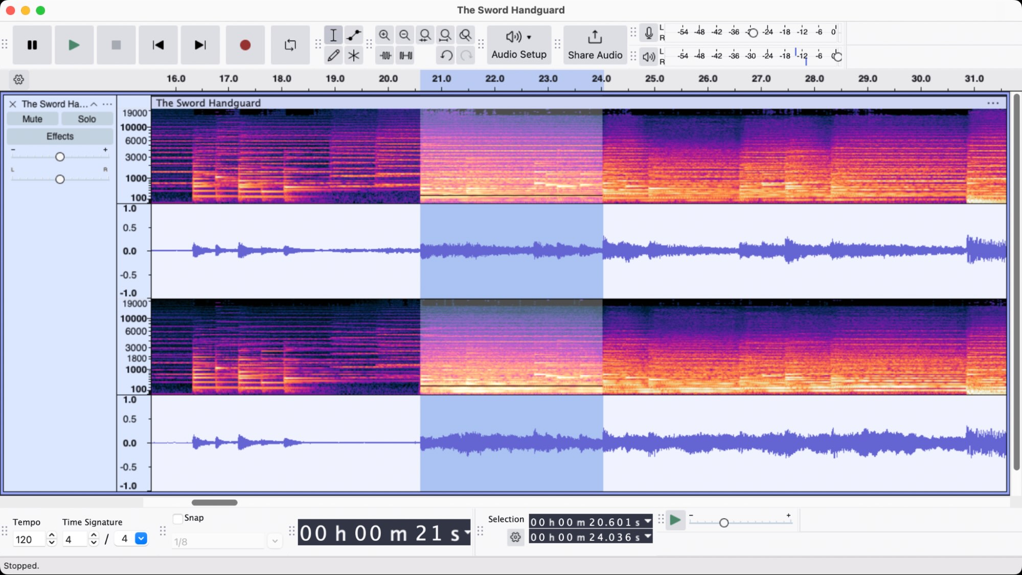 Многодорожечный интерфейс Audacity с волновой формой и спектрограммой