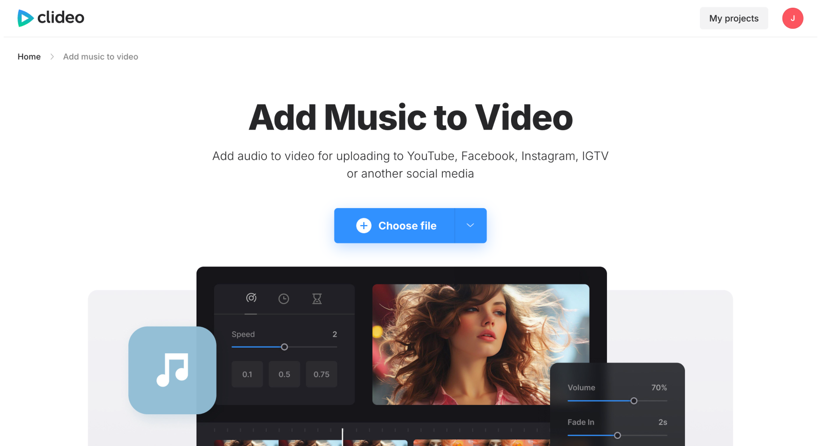 Интерфейс Clideo Add Music to Video
