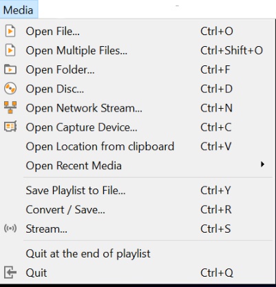 Меню Media в VLC media player с командами открытия и конвертации