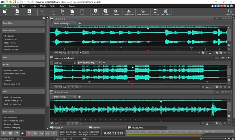 Интерфейс WavePad с крупной волновой формой и панелью редактирования