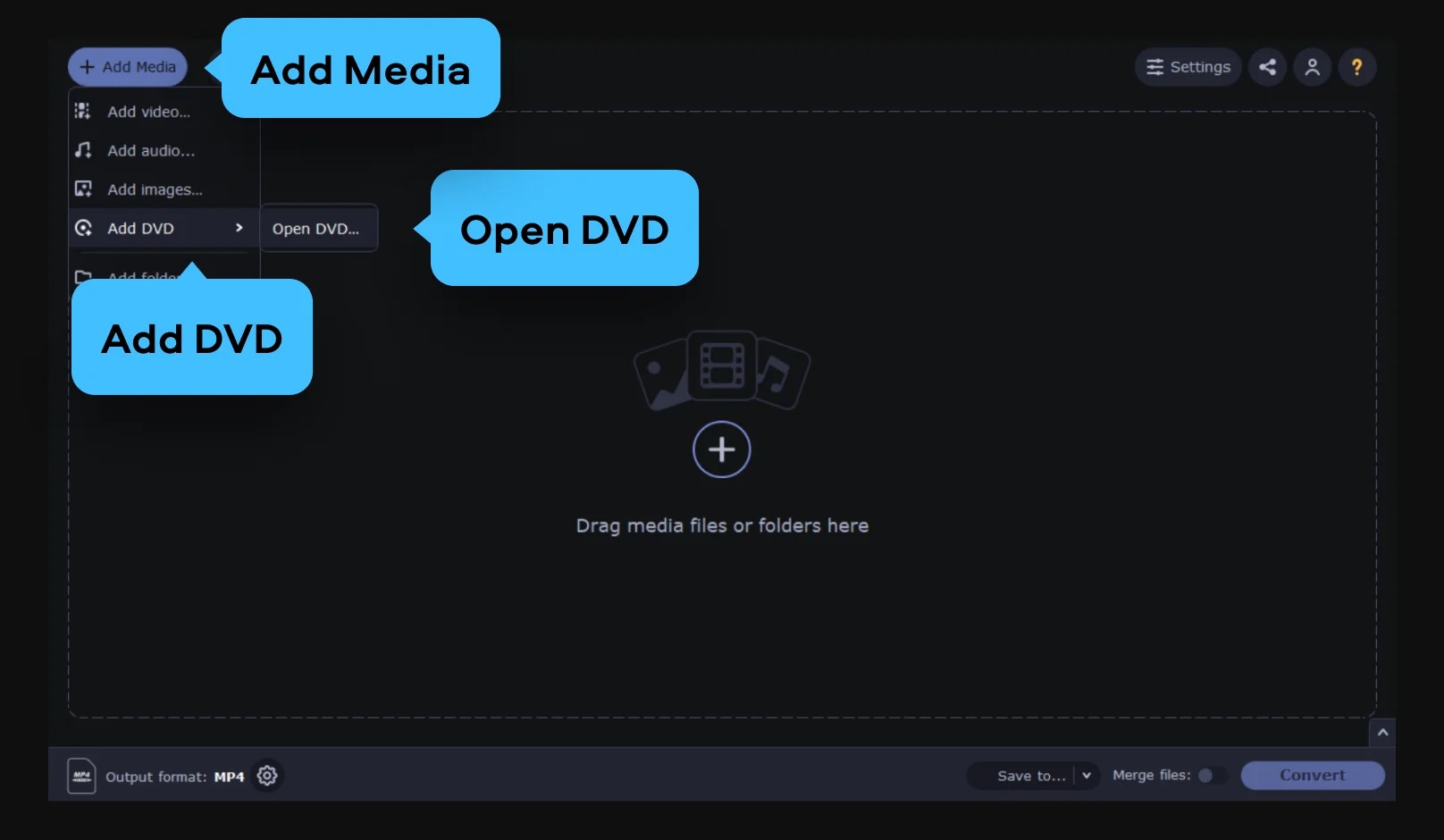 Movavi Video Converter с меню Add Media и командой Add DVD