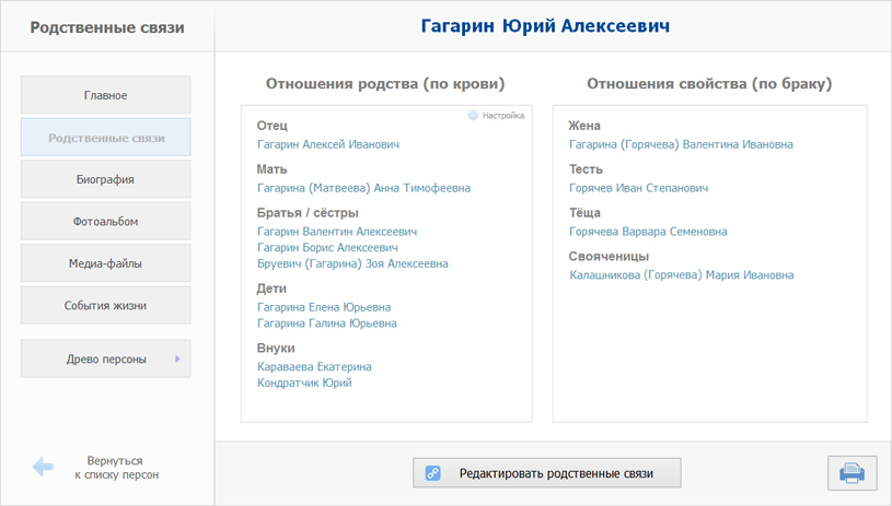 Окно родственных связей в программе Семейная Летопись