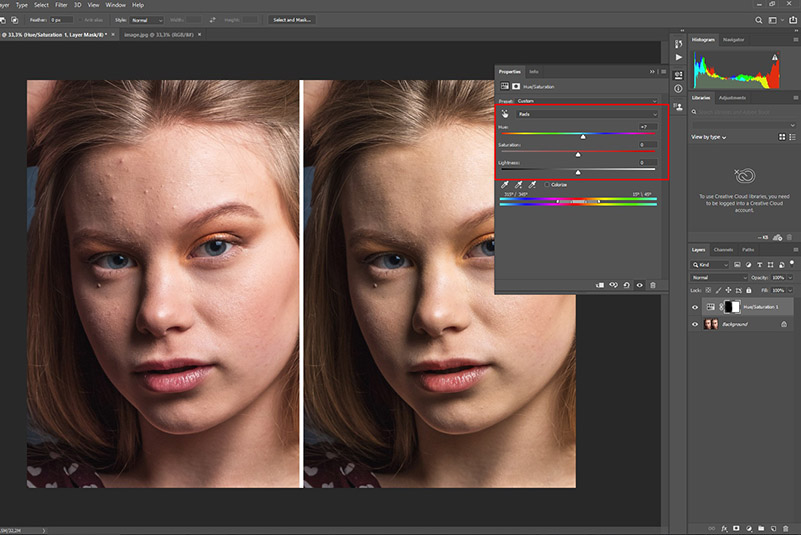Корректирующий слой Hue Saturation при ретуши кожи в Photoshop