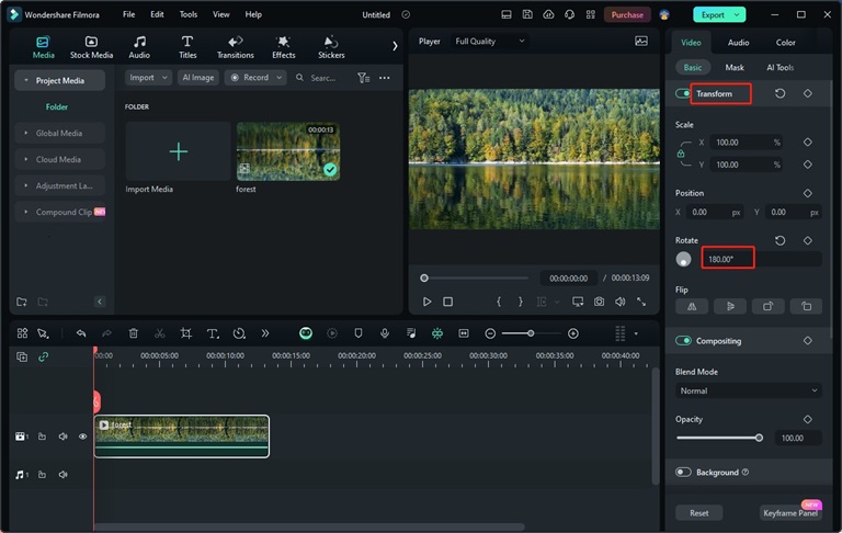 Панель Transform в Wondershare Filmora с настройкой Rotate и кнопками Flip
