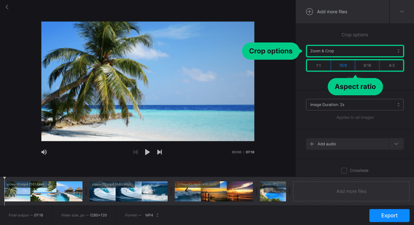 Настройки Crop options и Aspect ratio в Clideo Merge Video