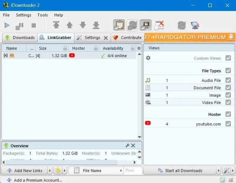 JDownloader 2 на вкладке LinkGrabber со списком найденных видеофайлов
