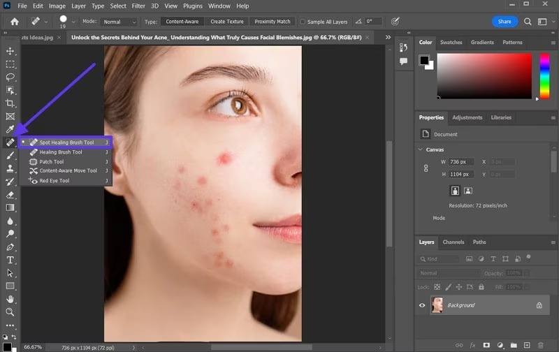 Выбор восстанавливающей кисти в Adobe Photoshop