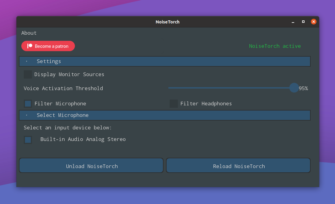 Интерфейс NoiseTorch для выбора микрофона и порога голосовой активности