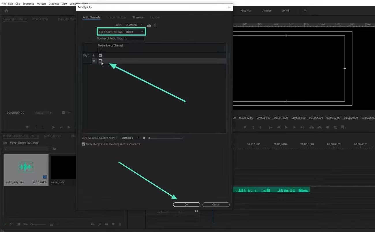 Диалог Modify Clip Audio Channels с выбором Stereo в Adobe Premiere