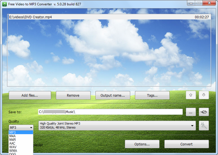 Интерфейс Free Video to MP3 Converter с выбором MP3 и качества