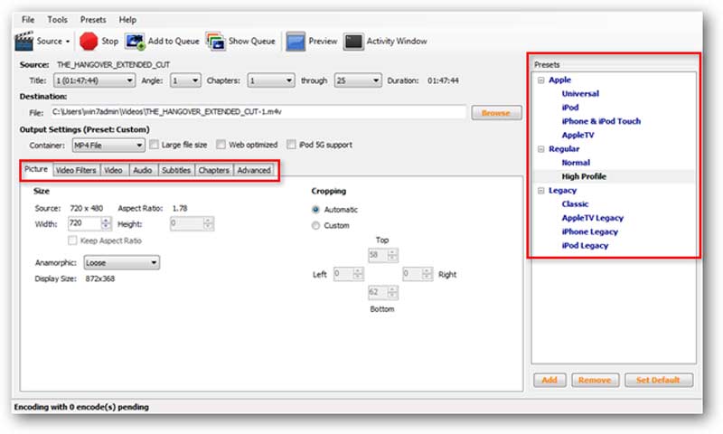 Интерфейс HandBrake с выбором DVD title, контейнера MP4 и панелью настроек