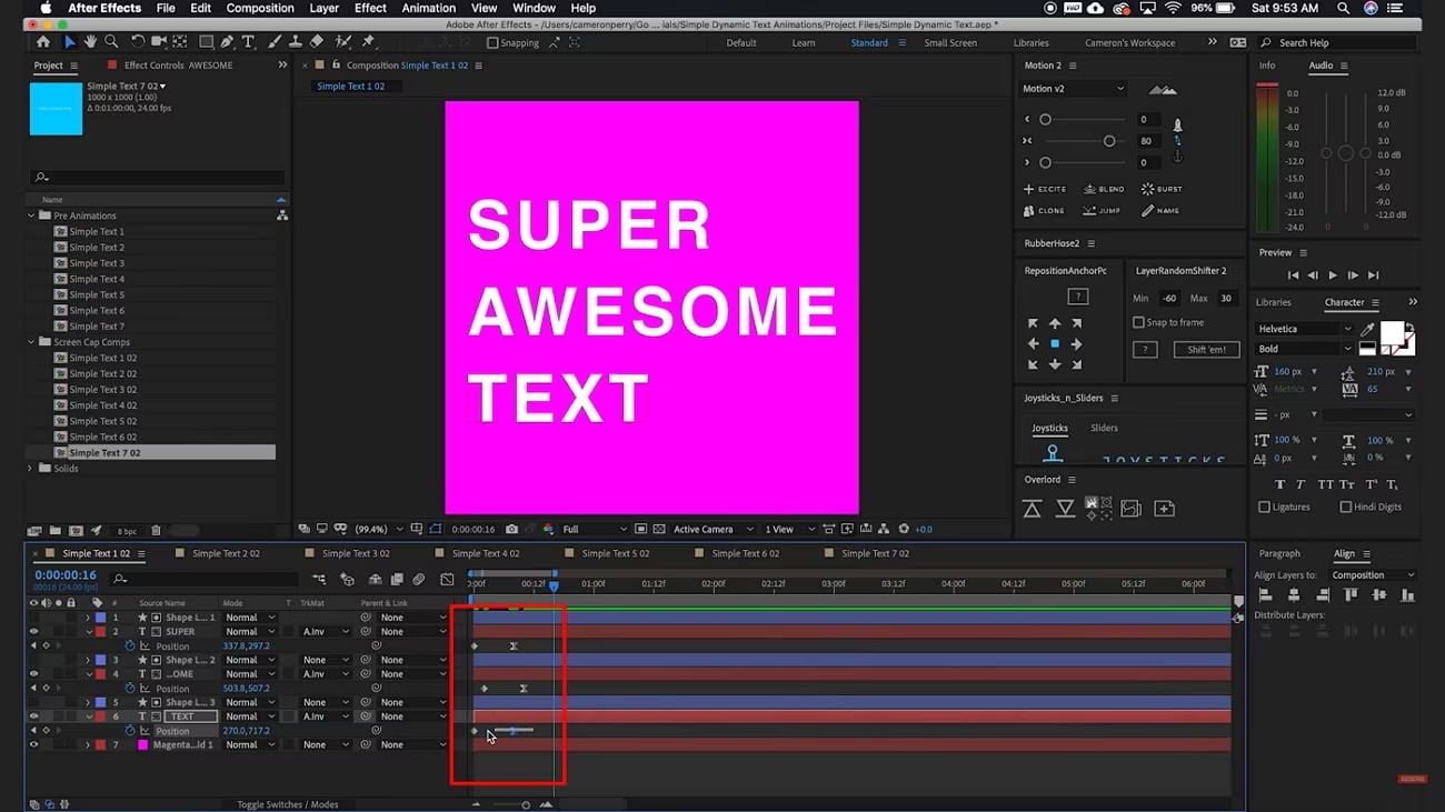 Текстовая анимация и кадры на шкале Adobe After Effects