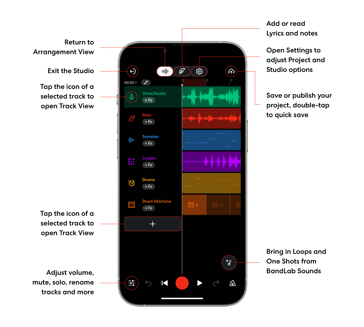 Мобильный интерфейс BandLab Studio в режиме Arrangement View