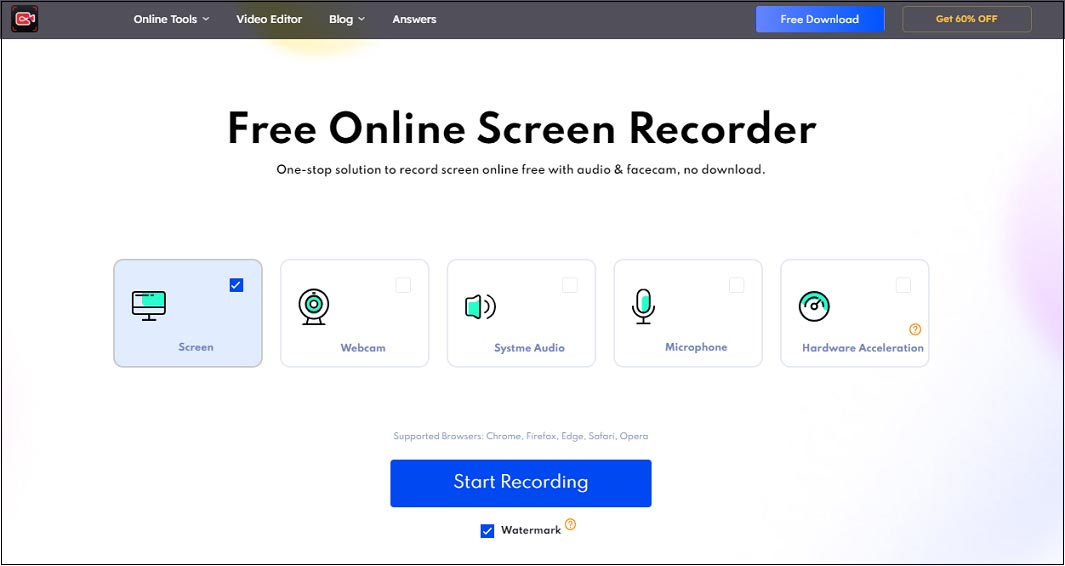 Интерфейс iTop Online Screen Recorder с переключателями Screen, Webcam, System Audio и Microphone