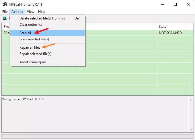 Меню Actions программы MP3val frontend с командами Scan all и Repair all files