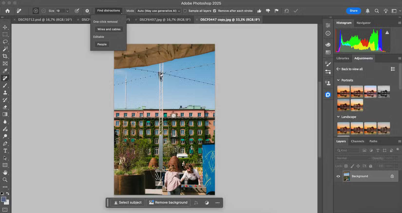 Интерфейс Photoshop с активным Remove Tool и панелью настроек
