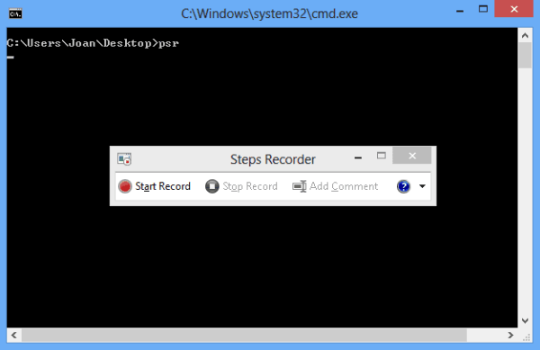 Окно Steps Recorder в Windows 8 с кнопками Start Record, Stop Record и Add Comment