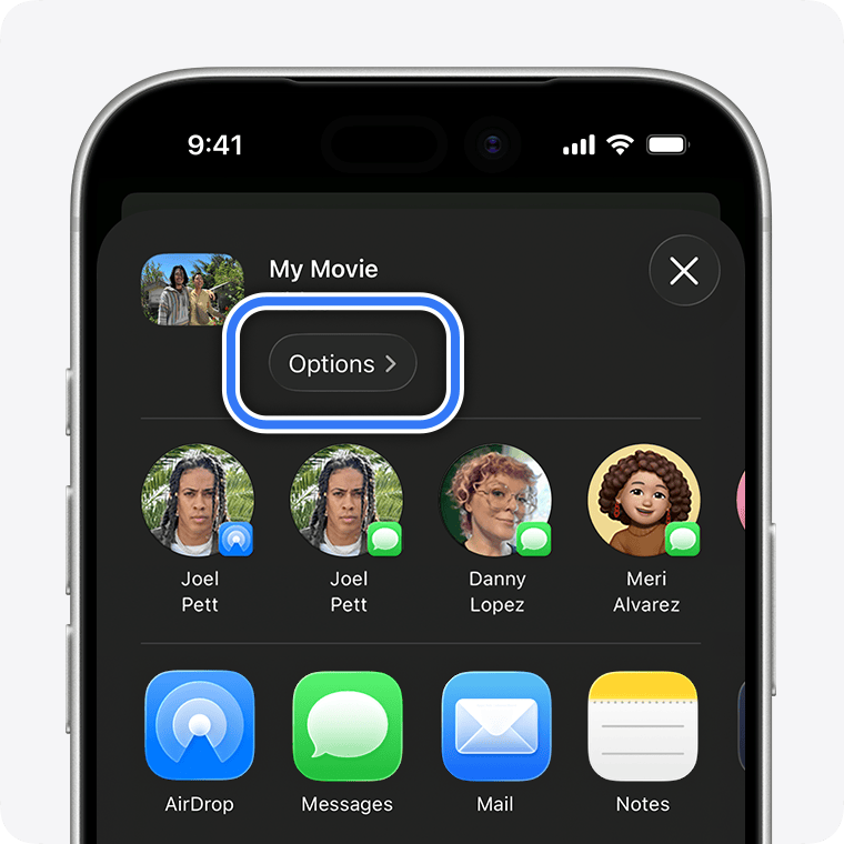 Экран экспорта iMovie на iPhone с выделенной кнопкой Options