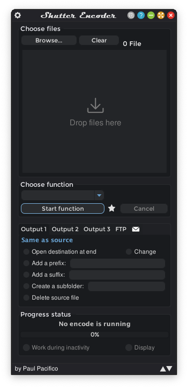 Главное окно Shutter Encoder с областями Choose files, Choose function и Start function