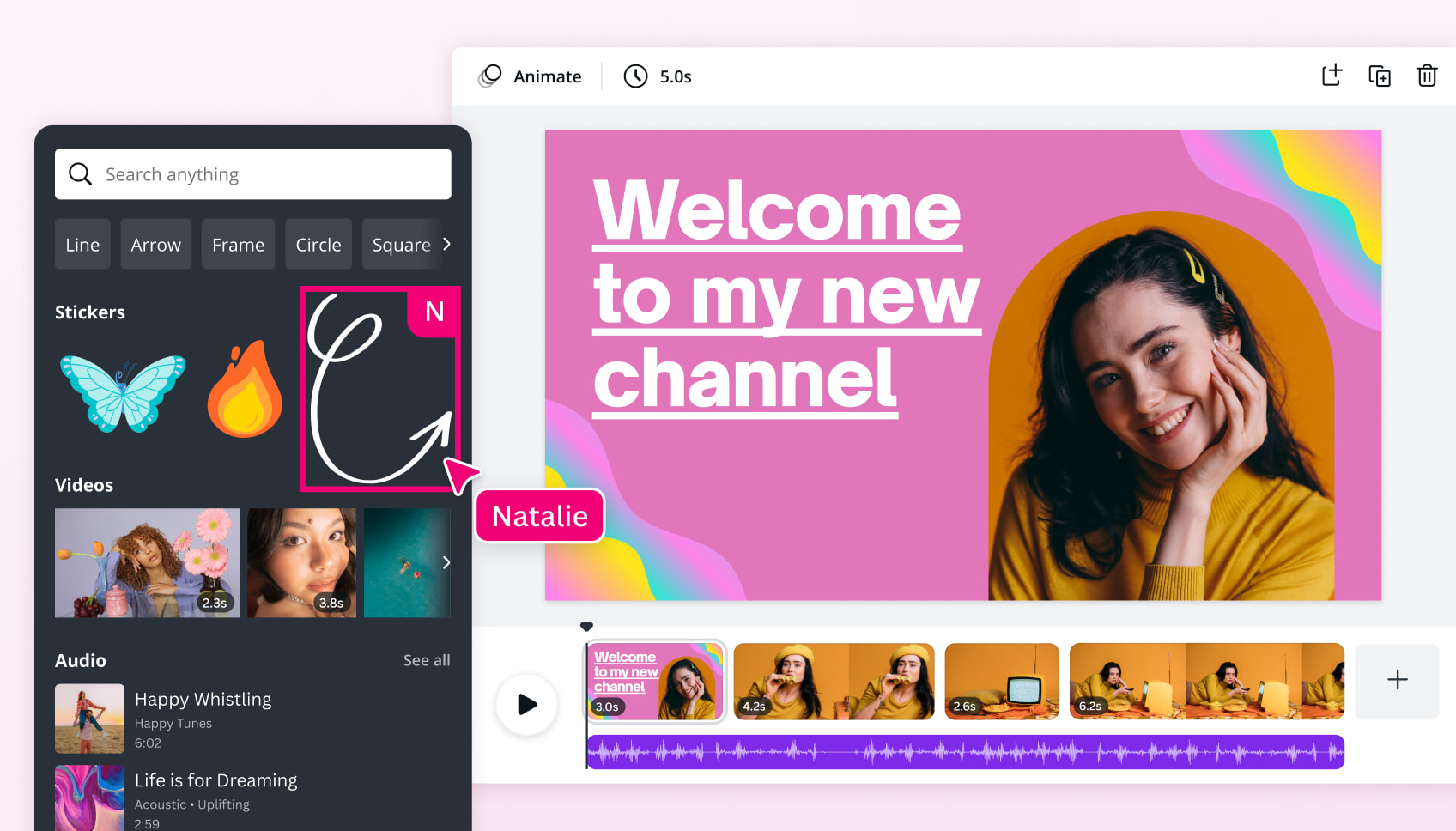 Интерфейс Canva с шаблоном видеоинтро и монтажной шкалой