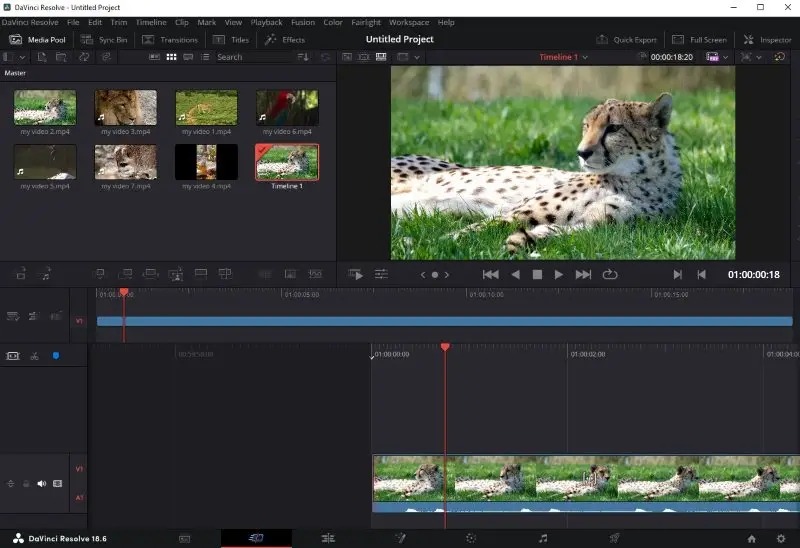 Интерфейс DaVinci Resolve с медиапулом, просмотром и таймлайном