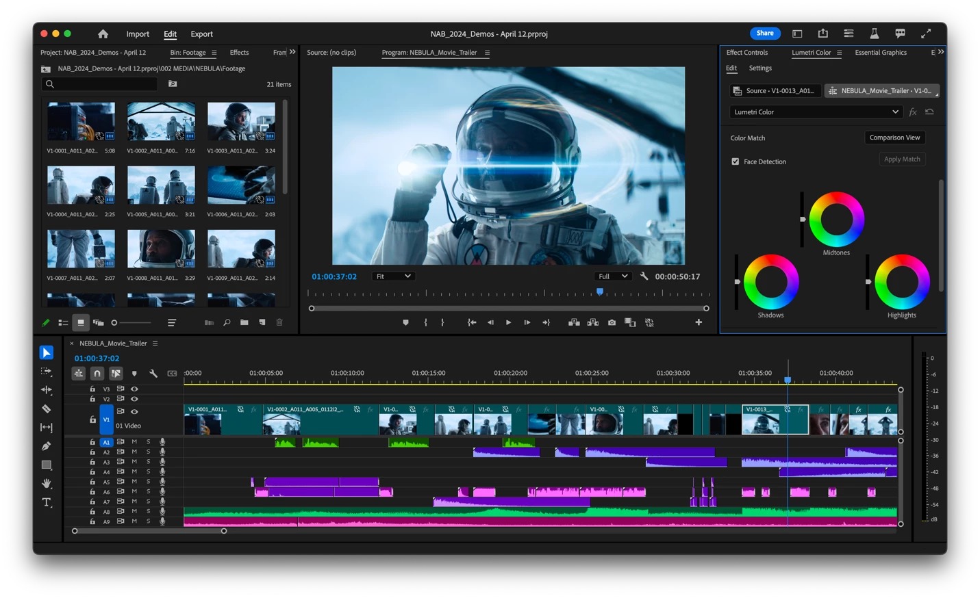 Интерфейс Adobe Premiere Pro с панелями проекта, предпросмотром и таймлайном