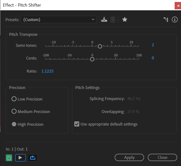 Окно Pitch Shifter в Adobe Audition с настройкой полутонов и центов